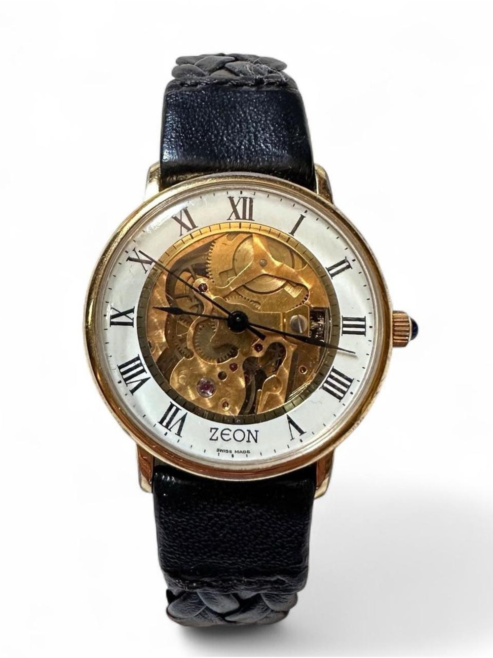 Vintage Men’s Zeon Gold Skeleton Dial Watch with Black Leather Strap